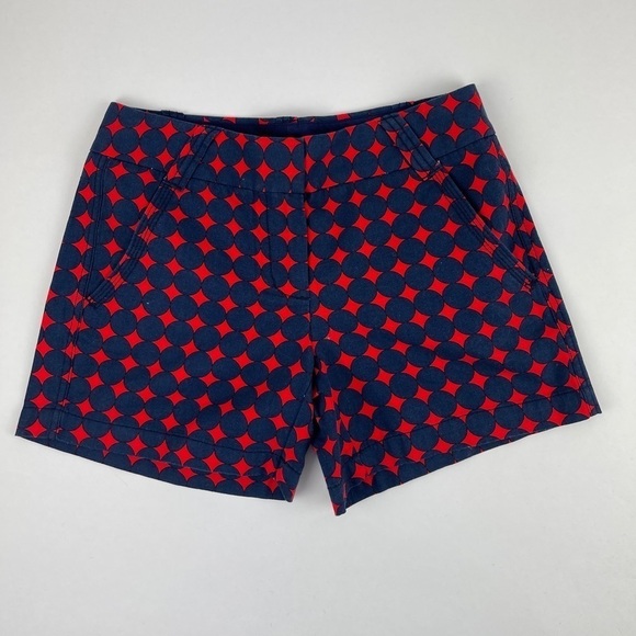 J Crew Shorts Womens Size 0 City Fit Red Blue Circles Flat Front - Picture 1 of 8